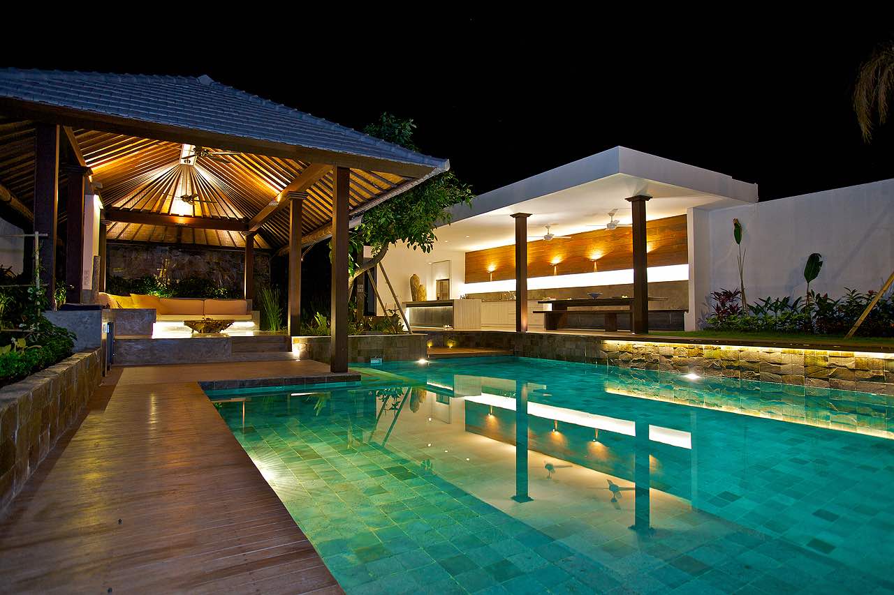 Bali villa pool by night